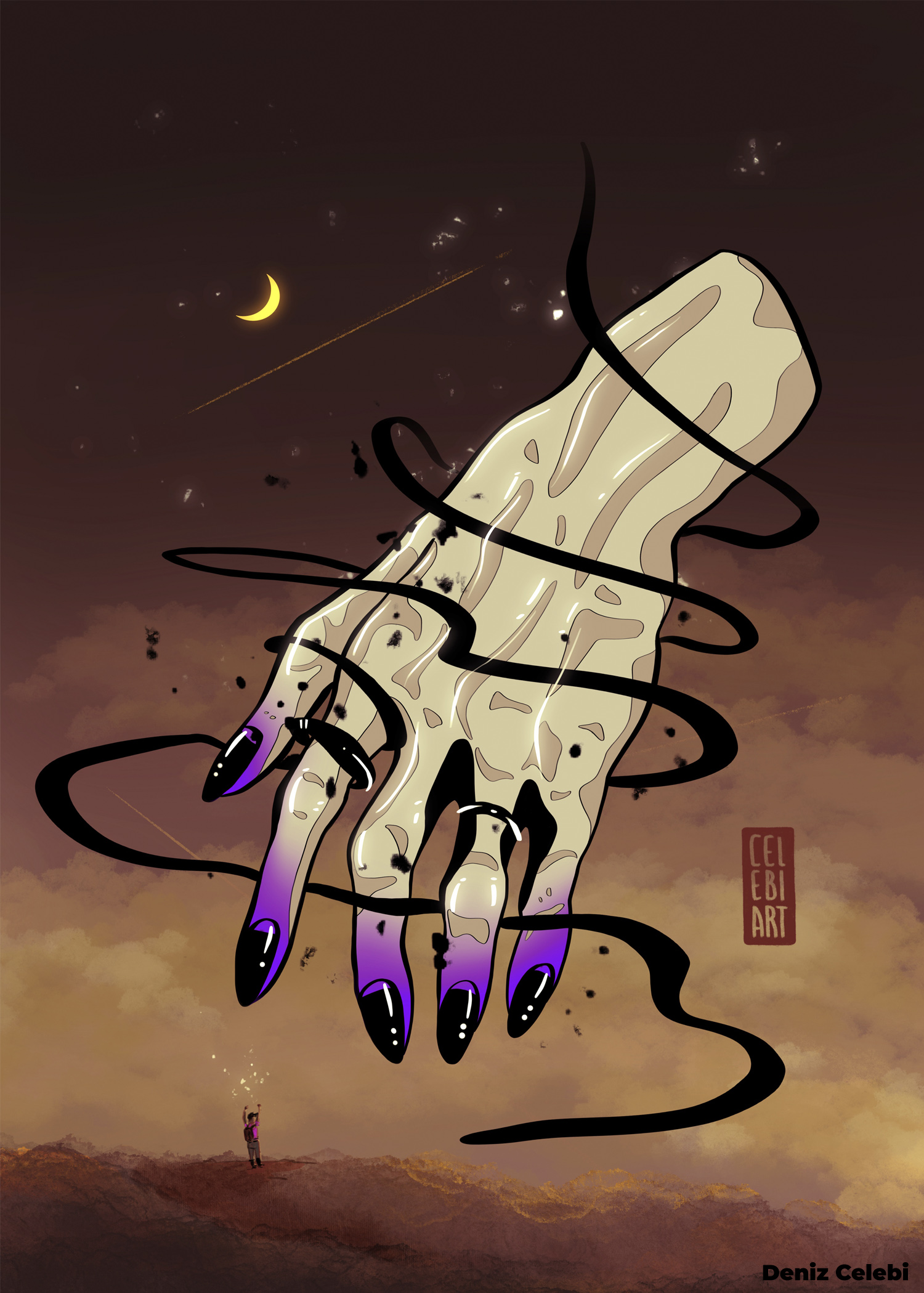 hand with violet fingers artwork and moon