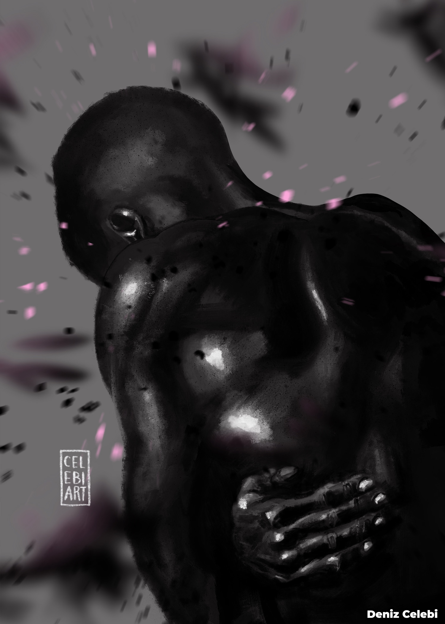 black man hugging himself artwork