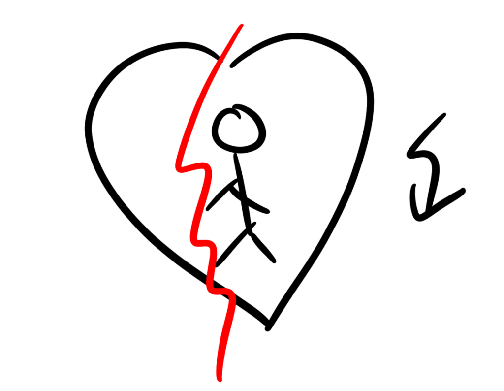 Illustration eines Menschen mit gebrochenem Herzen, der sich verloren fühlt – Symbol für toxische Beziehungsmuster. Illustriert von Achtsamkeitstrainerin & Selbstliebe-Coach Deniz Celebi.