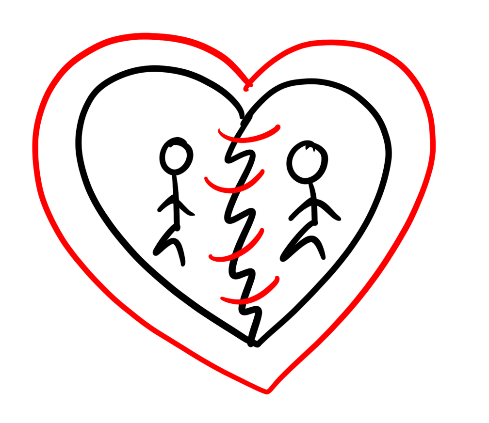 Visualisierung einer co-abhängigen Beziehung mit zwei Partnern, die aus Mangel heraus zusammengefunden haben. Illustriert von Achtsamkeitstrainerin & Selbstliebe-Coach Deniz Celebi.